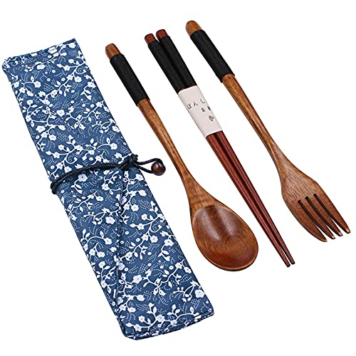 Iktu 3pcs Reusable Spoon Chopsticks Fork Set - Natural Bamboo Wooden Cutlery Set Portable, Reusable Wooden Travel Cutlery Gift Set with Pouch, Flatware Reusable Fork Spoon Chopsticks Set (Pouch Design May Vary) (Black Thread) - Image 5