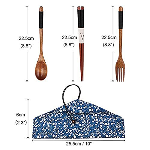 Iktu 3pcs Reusable Spoon Chopsticks Fork Set - Natural Bamboo Wooden Cutlery Set Portable, Reusable Wooden Travel Cutlery Gift Set with Pouch, Flatware Reusable Fork Spoon Chopsticks Set (Pouch Design May Vary) (Black Thread) - Image 2