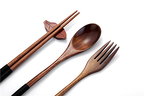 Iktu 3pcs Reusable Spoon Chopsticks Fork Set - Natural Bamboo Wooden Cutlery Set Portable, Reusable Wooden Travel Cutlery Gift Set with Pouch, Flatware Reusable Fork Spoon Chopsticks Set (Pouch Design May Vary) (Black Thread) - Image 3
