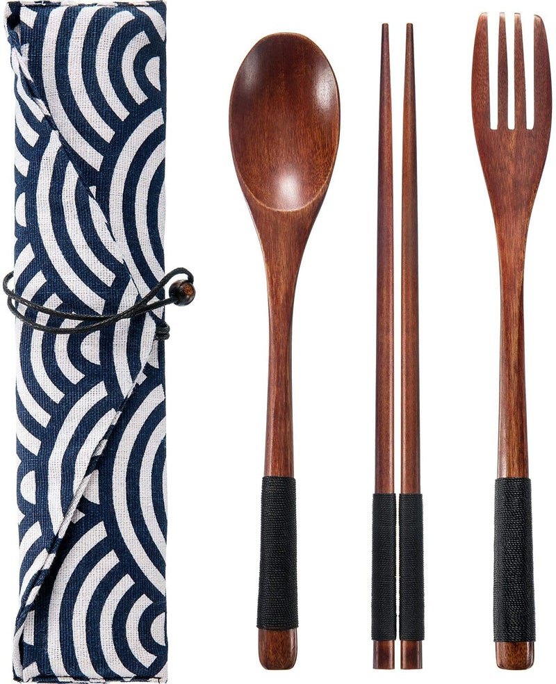 Iktu 3pcs Reusable Spoon Chopsticks Fork Set - Natural Bamboo Wooden Cutlery Set Portable, Reusable Wooden Travel Cutlery Gift Set with Pouch, Flatware Reusable Fork Spoon Chopsticks Set (Pouch Design May Vary) (Black Thread) - Image 1