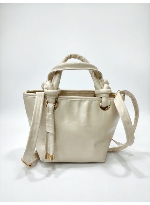 Elegant Knot Handle Shoulder Bag with Tassel & Gold Hardware-Cream White