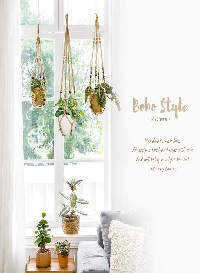Mkono 3 Pack Macrame Plant Hangers Indoor Different Size Hanging Planter Basket Flower Pot Holder with Beads No Tasselss 43"/35"/29", Large, Brown - Image 3