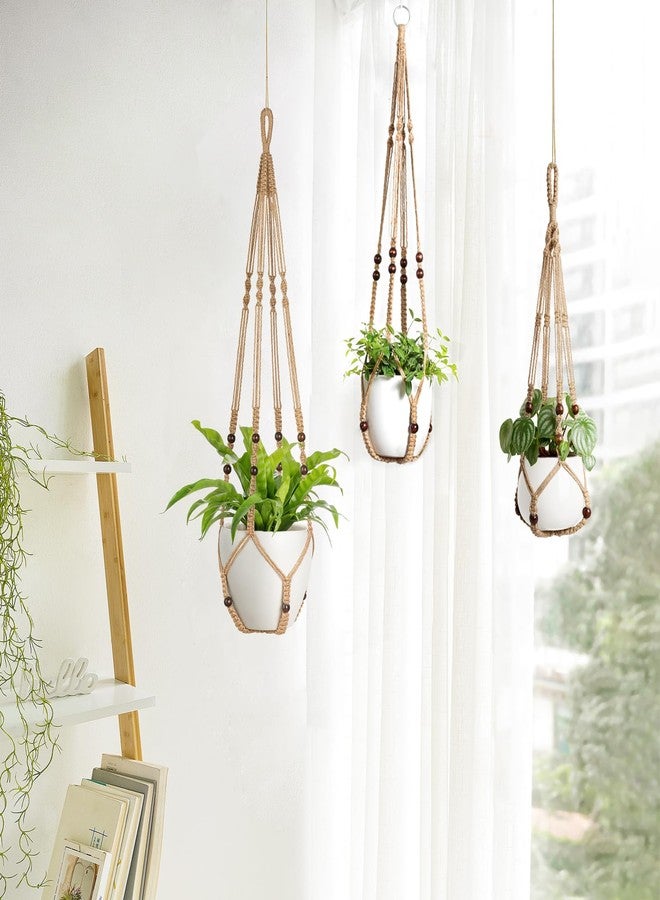 Mkono 3 Pack Macrame Plant Hangers Indoor Different Size Hanging Planter Basket Flower Pot Holder with Beads No Tasselss 43"/35"/29", Large, Brown - Image 4
