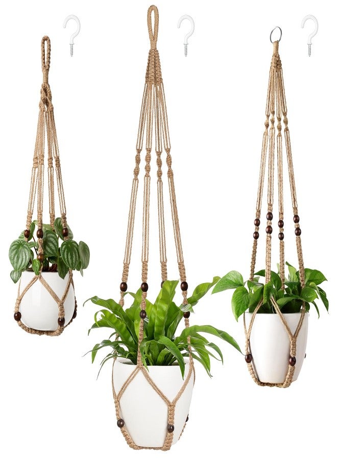 Mkono 3 Pack Macrame Plant Hangers Indoor Different Size Hanging Planter Basket Flower Pot Holder with Beads No Tasselss 43"/35"/29", Large, Brown - Image 1