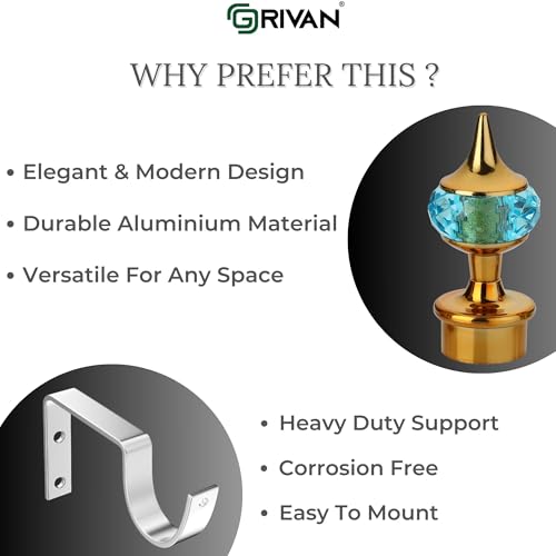 GRIVAN Single Diamond Aluminum Curtain Brackets Parda Holders with Support Fittings Designer 1 Inch Rod Pocket Finials for Door & Window(Gold Mix Sky Blue ,Pair of 5) - Image 3