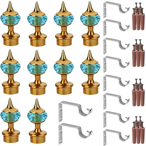 GRIVAN Single Diamond Aluminum Curtain Brackets Parda Holders with Support Fittings Designer 1 Inch Rod Pocket Finials for Door & Window(Gold Mix Sky Blue ,Pair of 5) - Image 1