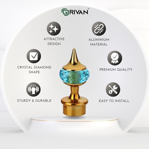 GRIVAN Single Diamond Aluminum Curtain Brackets Parda Holders with Support Fittings Designer 1 Inch Rod Pocket Finials for Door & Window(Gold Mix Sky Blue ,Pair of 5) - Image 2