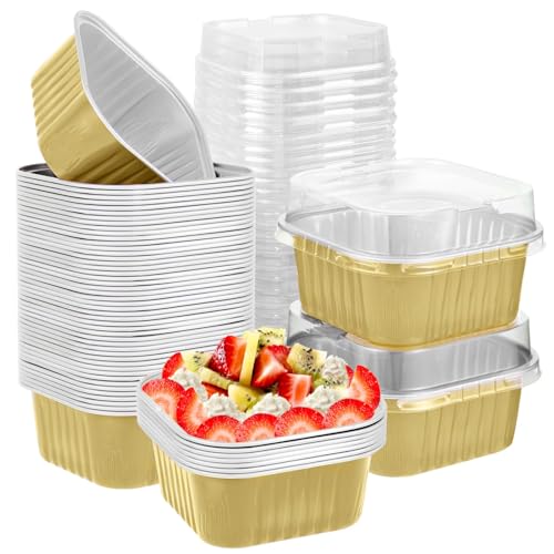 DNY 50 Pcs 5oz Mini Square Aluminum Foil Baking Cups with Lids – Gold Disposable Ramekins, Cake Pans, Muffin & Cheesecake Cups – Oven Safe Cupcake Containers for Parties & Catering - Image 1