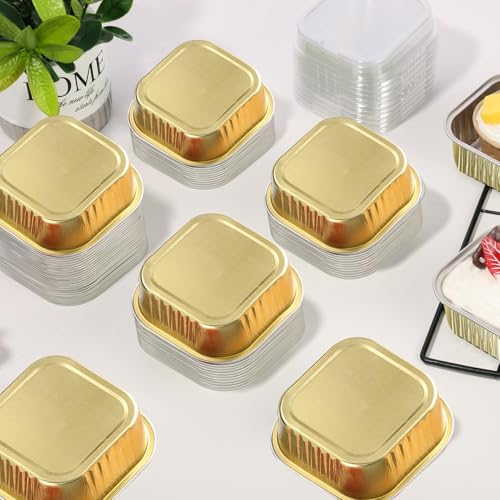 DNY 50 Pcs 5oz Mini Square Aluminum Foil Baking Cups with Lids – Gold Disposable Ramekins, Cake Pans, Muffin & Cheesecake Cups – Oven Safe Cupcake Containers for Parties & Catering - Image 3