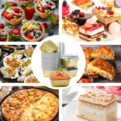 DNY 50 Pcs 5oz Mini Square Aluminum Foil Baking Cups with Lids – Gold Disposable Ramekins, Cake Pans, Muffin & Cheesecake Cups – Oven Safe Cupcake Containers for Parties & Catering - Image 4