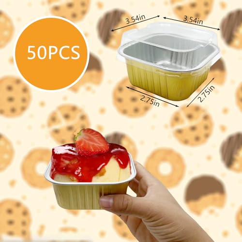 DNY 50 Pcs 5oz Mini Square Aluminum Foil Baking Cups with Lids – Gold Disposable Ramekins, Cake Pans, Muffin & Cheesecake Cups – Oven Safe Cupcake Containers for Parties & Catering - Image 2