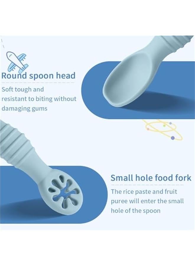 Baby Spoons Set,2 Pcs Toddler Food-Grade Silicone Training Spoons,Self-Feeding Spoon and Pre-Spoon Set,BPA-Free Safe Feeding Spoons,Baby Led Weaning Feeding Utensils Supplies- Blue