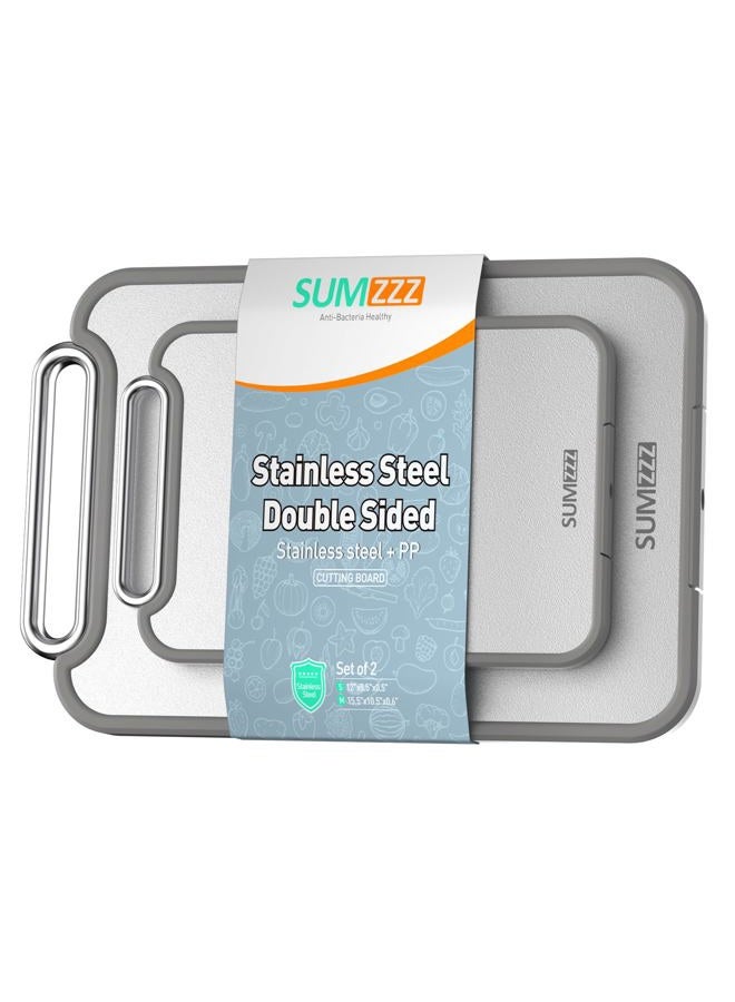 Sumzzz Stainless Steel Cutting Board, Double Sided Steel Cutting Board Set for Kitchen Stainless Steel/Food Grade PP, Large Chopping Board for Meat and Kitchen, Non-Slip [15.5 * 10.6 *1 +12.8 *8.5 *0.9 Inch] - Image 1