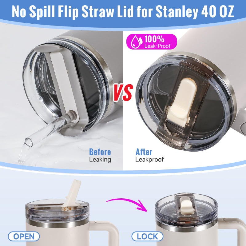 ANTAND 40oz Flip Straw Leak Proof Lid for Stanley Cup Accessories, 2 Pack No Spill Lid Replacement 40 oz Tumbler Detachable Cover Topper for Stanley Protour Lids(Quartz,Quartz) - Image 4