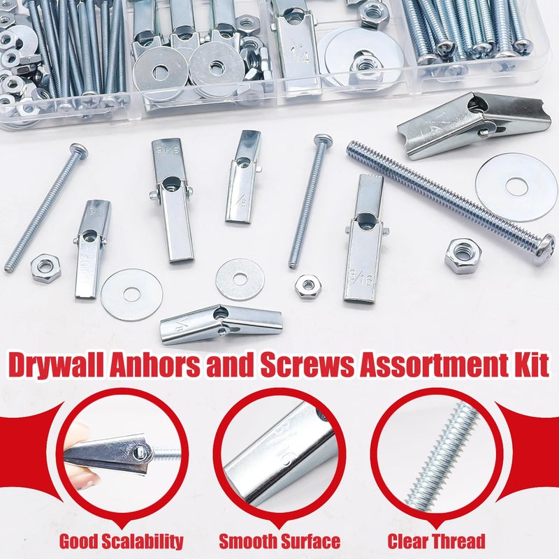 Bemaka 100Pcs Toggle Bolts Heavy Duty Drywall Anchors and Screws Kit, 3 Sizes 1/8" 3/16" 1/4" Hollow Wall Anchors, Toggle Bolts and Wing Nut Kit with Nuts Washers (25Sets) - Image 3