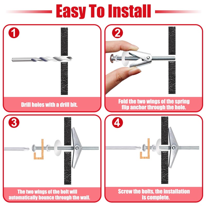 Bemaka 100Pcs Toggle Bolts Heavy Duty Drywall Anchors and Screws Kit, 3 Sizes 1/8" 3/16" 1/4" Hollow Wall Anchors, Toggle Bolts and Wing Nut Kit with Nuts Washers (25Sets) - Image 5