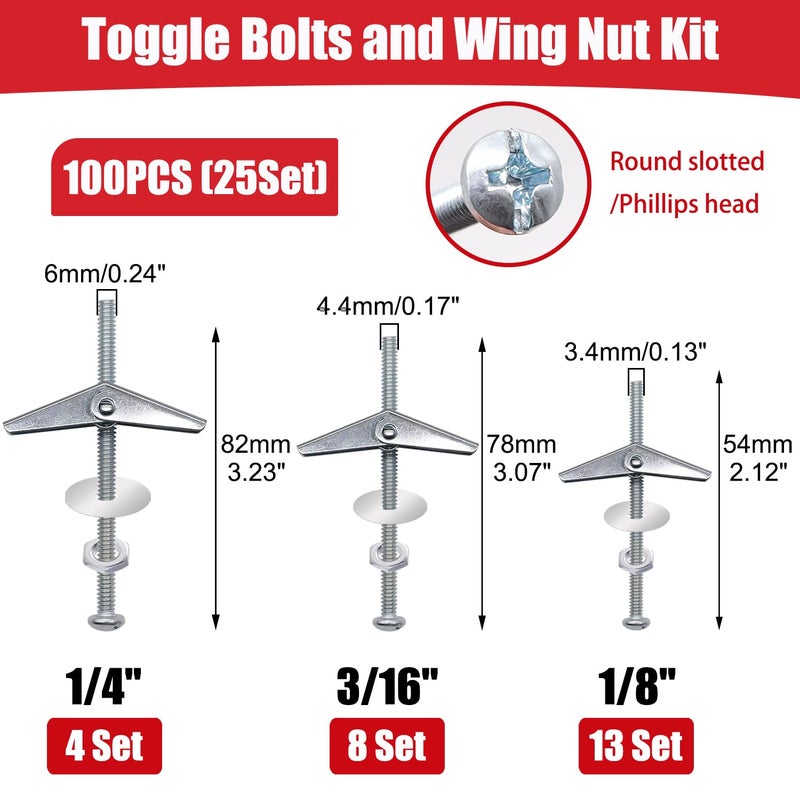 Bemaka 100Pcs Toggle Bolts Heavy Duty Drywall Anchors and Screws Kit, 3 Sizes 1/8" 3/16" 1/4" Hollow Wall Anchors, Toggle Bolts and Wing Nut Kit with Nuts Washers (25Sets) - Image 2