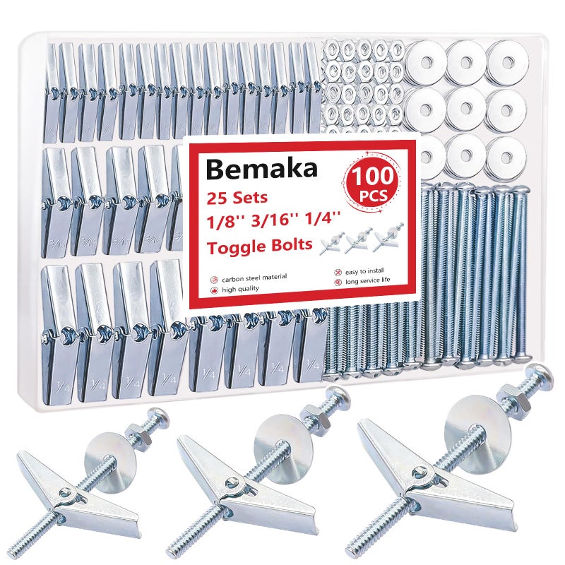 Bemaka 100Pcs Toggle Bolts Heavy Duty Drywall Anchors and Screws Kit, 3 Sizes 1/8" 3/16" 1/4" Hollow Wall Anchors, Toggle Bolts and Wing Nut Kit with Nuts Washers (25Sets) - Image 1