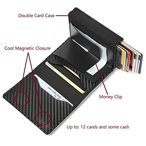 Fermido Air Tag Wallet with Double Card Case, Twin Carbon Fiber Card Holder, Automatic Bifold Front Pocket Pop Up Wallet with Money Clip - Image 5