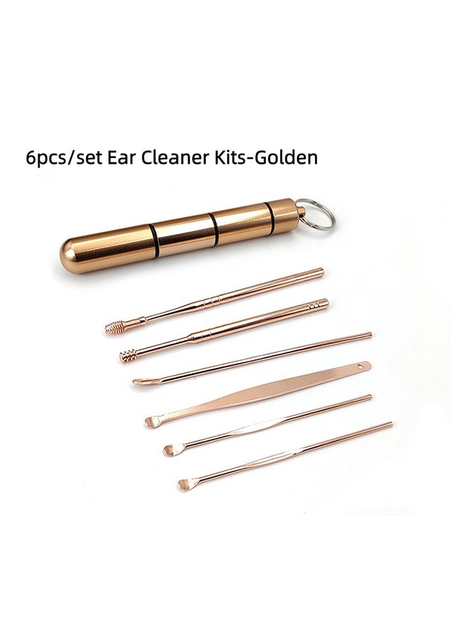 6pcs/Set Ear Cleaner Kit - Stainless Steel Earpick Wax Remover Spoon Spiral Curette Ear Cleaning Tools(Golden) - Image 2