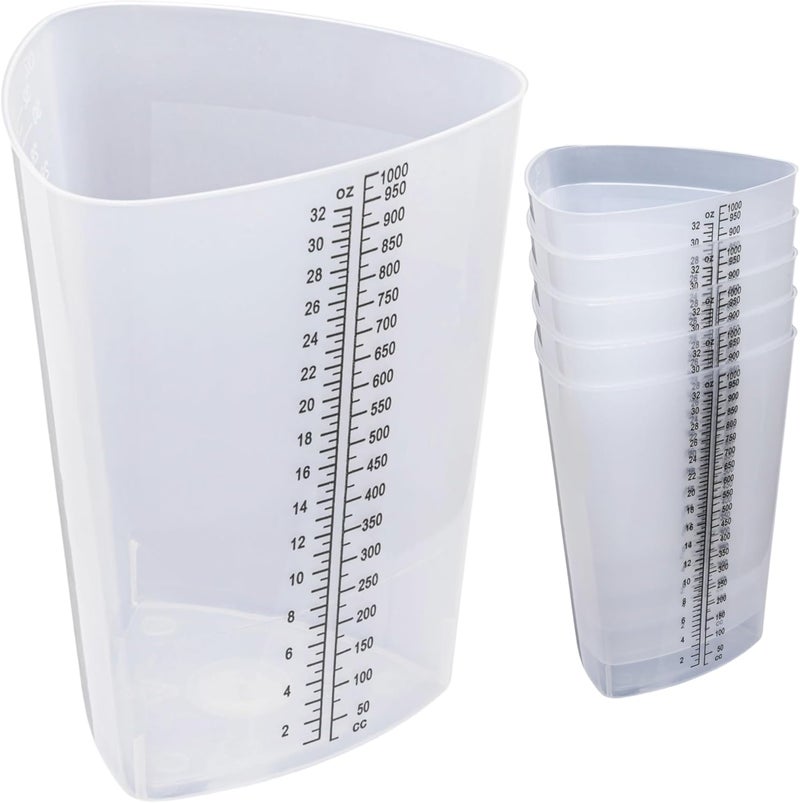Vakly Plastic Graduated Triangular Intake Output Container [5 Pack] 32 ounce Three-Sided Translucent Laboratory Beaker for Measuring & Mixing - Clear Markings in oz & cc - for Specimen, Paint & Epoxy - Image 1