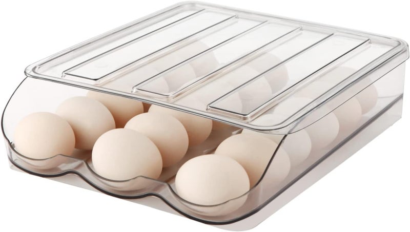 MesRosa Egg Holder for Fridge, Automatically Rolling Egg Storage Container for Refrigerator,Large Capacity Egg Organizer for Fridge with Lid,Clear Plastic Dispenser, Tray & Bin -1 Layer - Image 1