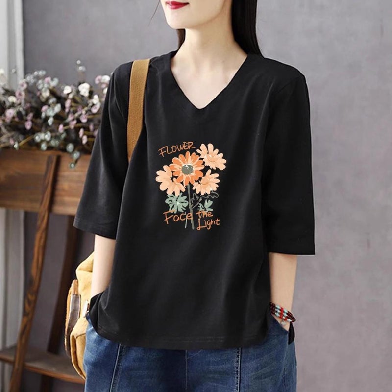 Solid Color Cotton Short-Sleeved T-Shirt for Women 2026 Summer New Style Casual Fashion Versatile Cotton Cartoon Three-Quarter Sleeve Bottoming Shirt A3489 - Image 1
