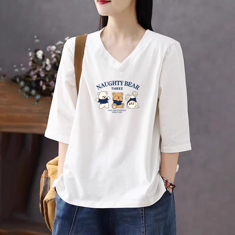Solid Color Cotton Short-Sleeved T-Shirt for Women 2026 Summer New Style Casual Fashion Versatile Cotton Cartoon Three-Quarter Sleeve Bottoming Shirt A3489 - Image 5