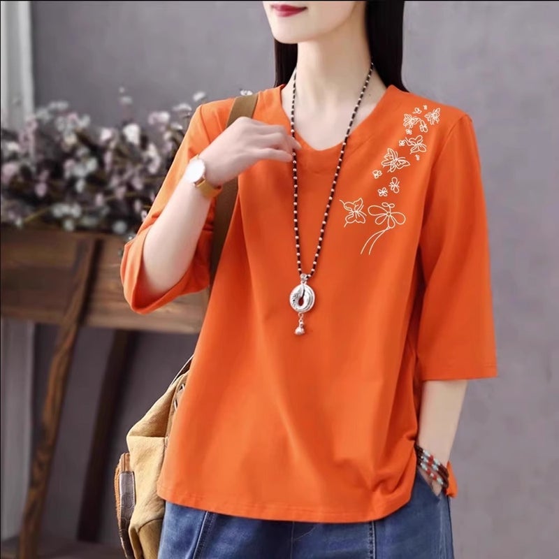 Solid Color Cotton Short-Sleeved T-Shirt for Women 2026 Summer New Style Casual Fashion Versatile Cotton Cartoon Three-Quarter Sleeve Bottoming Shirt A3489 - Image 3