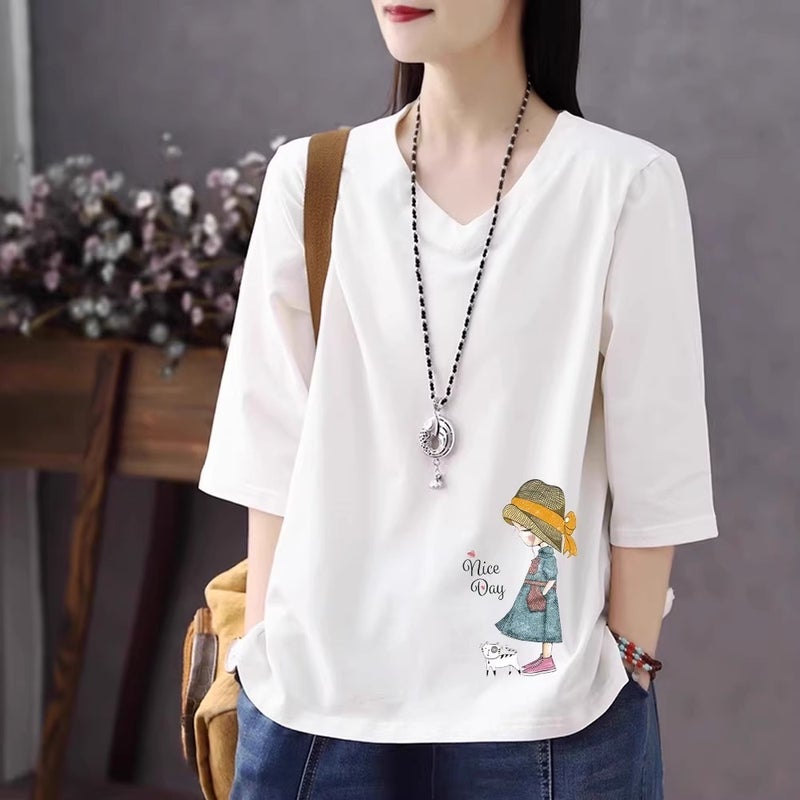 Solid Color Cotton Short-Sleeved T-Shirt for Women 2026 Summer New Style Casual Fashion Versatile Cotton Cartoon Three-Quarter Sleeve Bottoming Shirt A3489 - Image 2