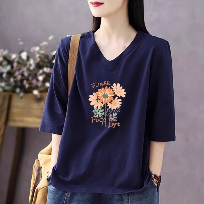 Solid Color Cotton Short-Sleeved T-Shirt for Women 2026 Summer New Style Casual Fashion Versatile Cotton Cartoon Three-Quarter Sleeve Bottoming Shirt A3489 - Image 4