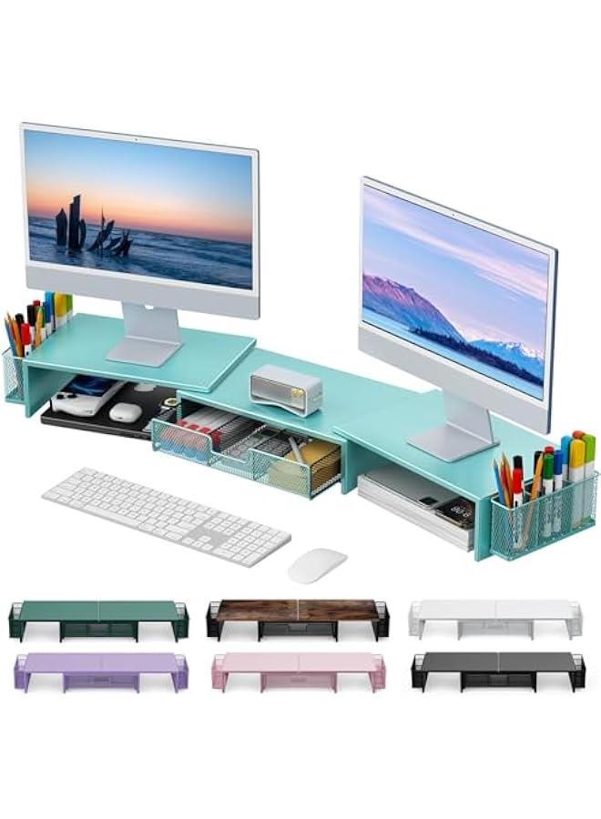 Arabest Dual Monitor Stand Riser, Desk Organizer With Drawer and 2 Pen Holders, Monitor Stand for Desk, Office Decor Essentials (Blue) - Image 1