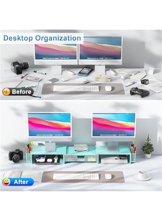 Arabest Dual Monitor Stand Riser, Desk Organizer With Drawer and 2 Pen Holders, Monitor Stand for Desk, Office Decor Essentials (Blue) - Image 2