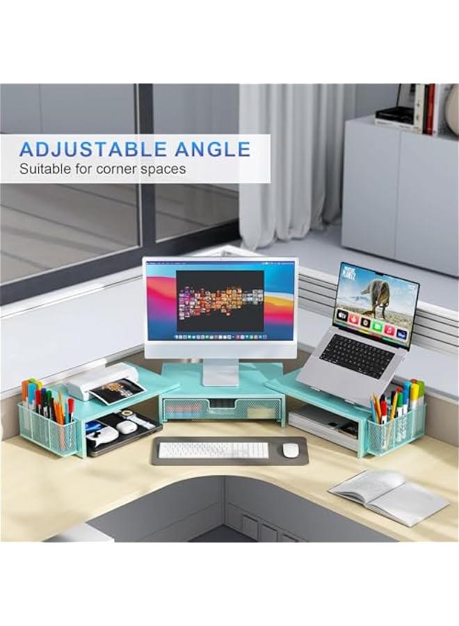 Arabest Dual Monitor Stand Riser, Desk Organizer With Drawer and 2 Pen Holders, Monitor Stand for Desk, Office Decor Essentials (Blue) - Image 3