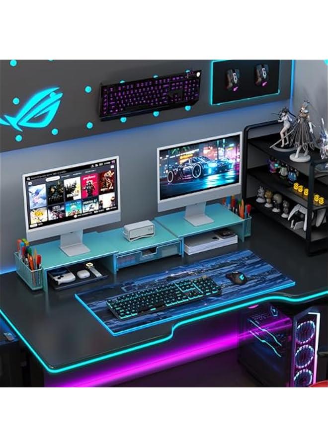 Arabest Dual Monitor Stand Riser, Desk Organizer With Drawer and 2 Pen Holders, Monitor Stand for Desk, Office Decor Essentials (Blue) - Image 4