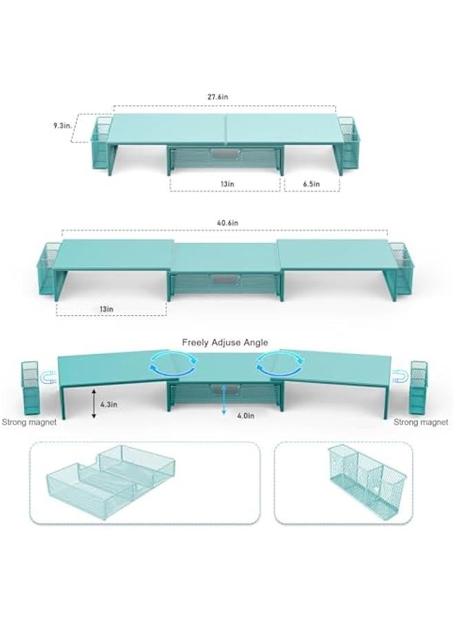 Arabest Dual Monitor Stand Riser, Desk Organizer With Drawer and 2 Pen Holders, Monitor Stand for Desk, Office Decor Essentials (Blue) - Image 5