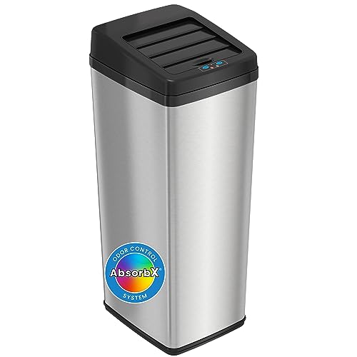 iTouchless 14 Gallon Slide Open Lid Kitchen Trash Can with, Motion Sensor Stainless Steel Rectangular Trashcan for Home Office Work Bedroom Living Room Garage Large Capacity Slim Wastebasket, Silver - Image 1