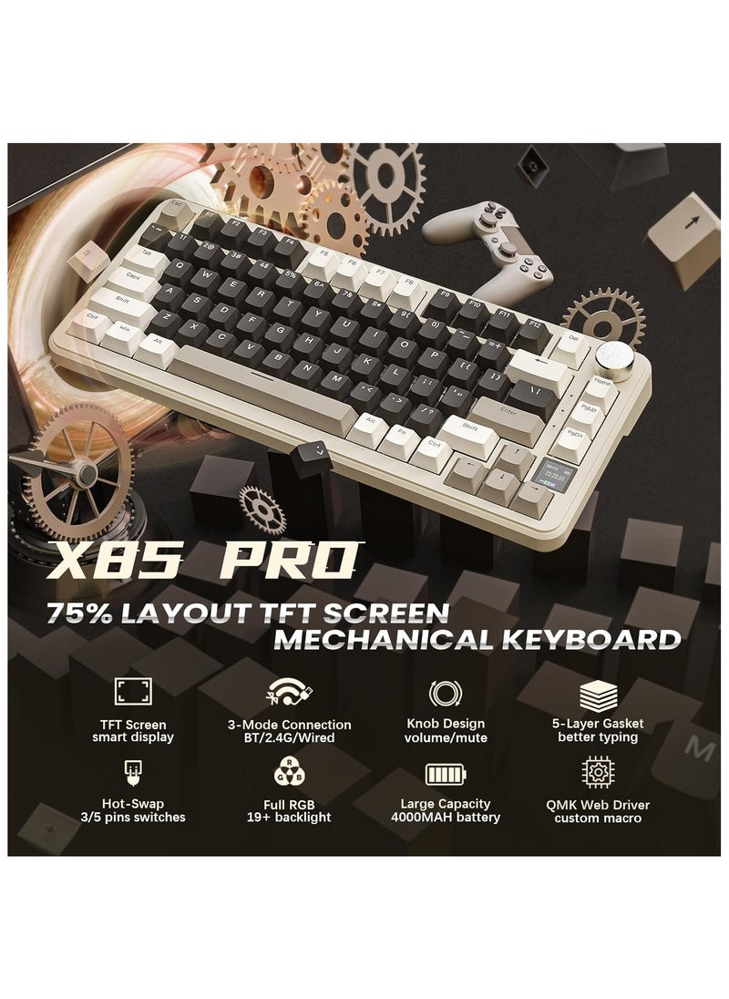 Attack Shark - ATTACK SHARK X85Pro Wireless Mechanical Gaming Keyboard – Hot-Swappable – 75% Compact Layout – Smart TFT Display & Metal Knob – Tri-Mode Connection (Bluetooth 5.1, 2.4GHz, USB-C) – RGB Backlight – Gasket Mount – PBT Keycaps – PC Laptop Mac Compatible (Cheese White) - Image 1
