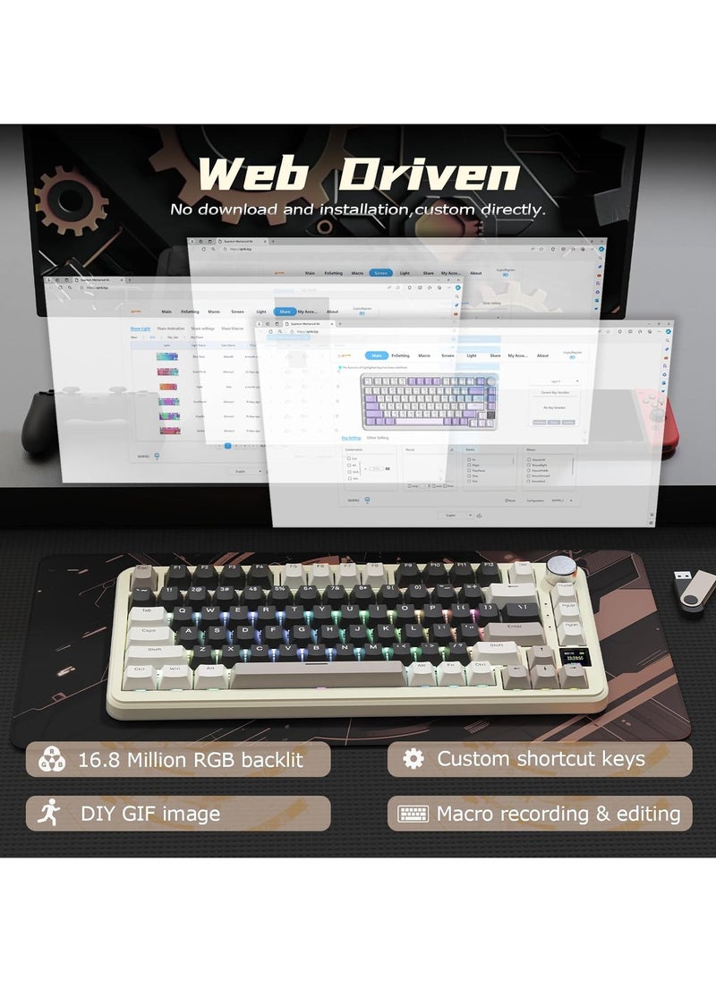 Attack Shark - ATTACK SHARK X85Pro Wireless Mechanical Gaming Keyboard – Hot-Swappable – 75% Compact Layout – Smart TFT Display & Metal Knob – Tri-Mode Connection (Bluetooth 5.1, 2.4GHz, USB-C) – RGB Backlight – Gasket Mount – PBT Keycaps – PC Laptop Mac Compatible (Cheese White) - Image 1