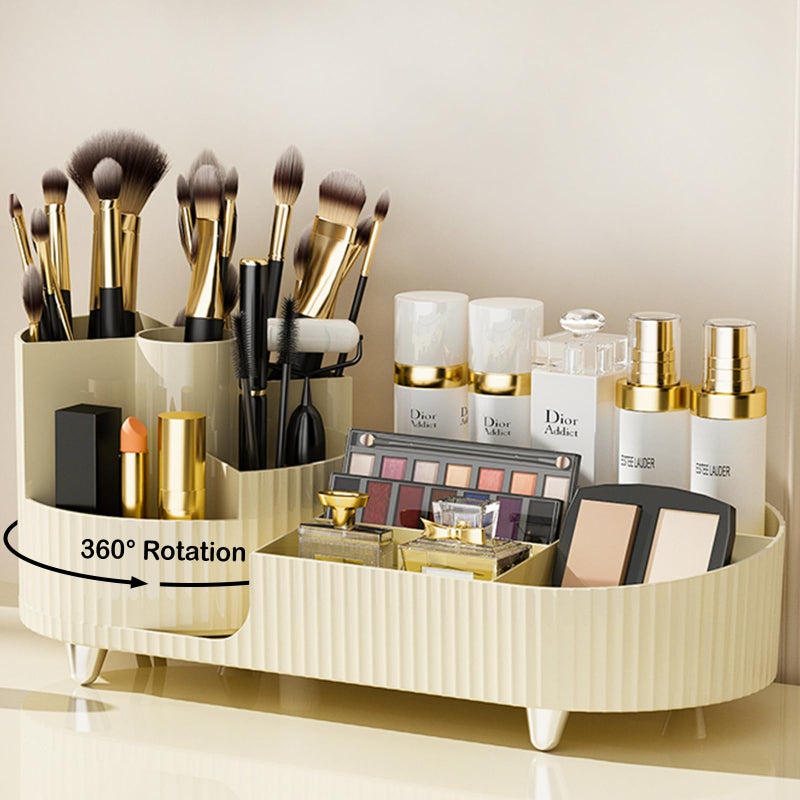 COMFYROOM Rotating Makeup Organizer for Vanity with Brush Holder, Cosmetic Makeup Storage Organizer, Large Spinning Makeup Skincare Organizer, Countertop Makeup Perfume Organizer, Lotions Display Case Ivory - Image 1