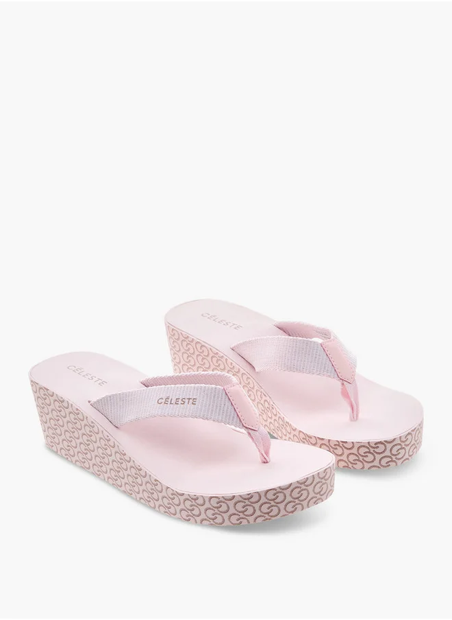 Celeste Women's Monogram Print Thong Slippers with Wedge Heels