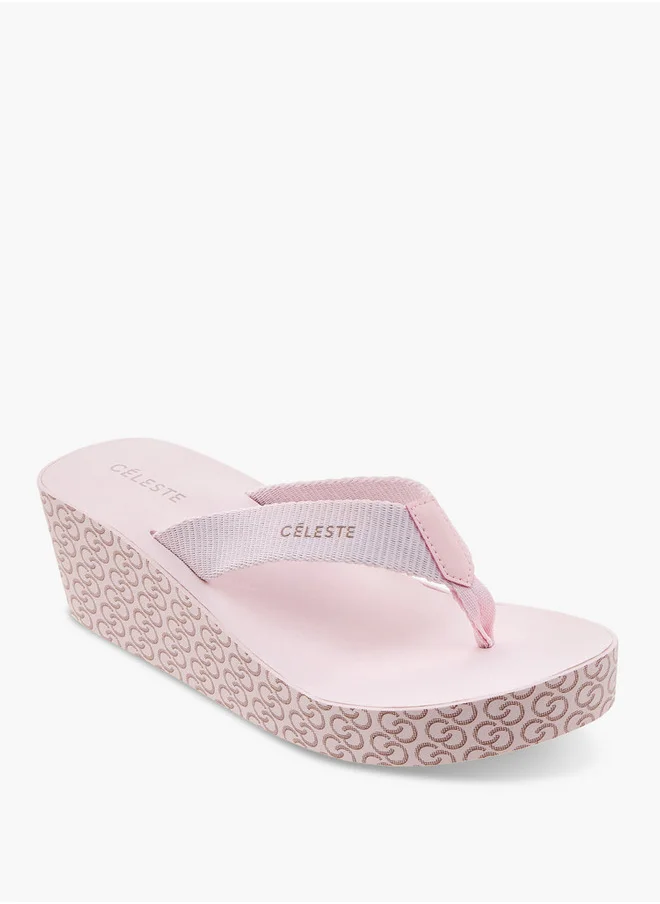 Celeste Women's Monogram Print Thong Slippers with Wedge Heels
