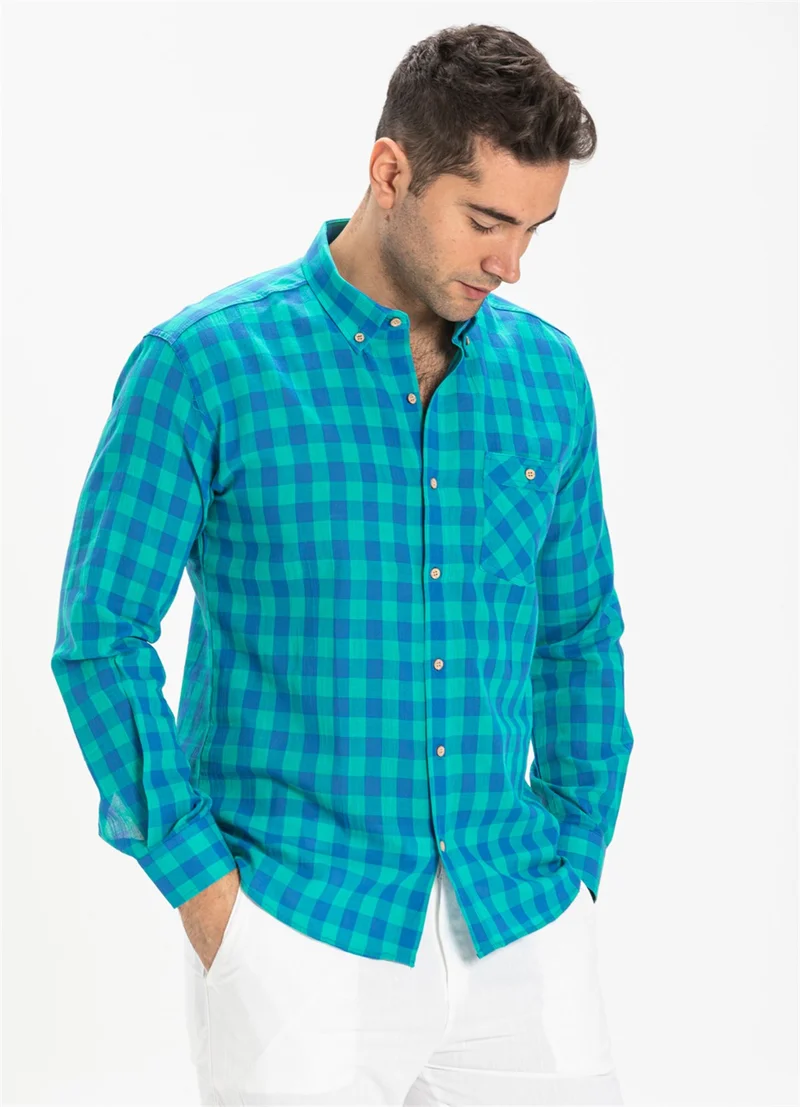 Eliş Şile Bezi Long Sleeve Slim Fit Şile Cloth Single Pocket Men's Shirt Mint Check 3033