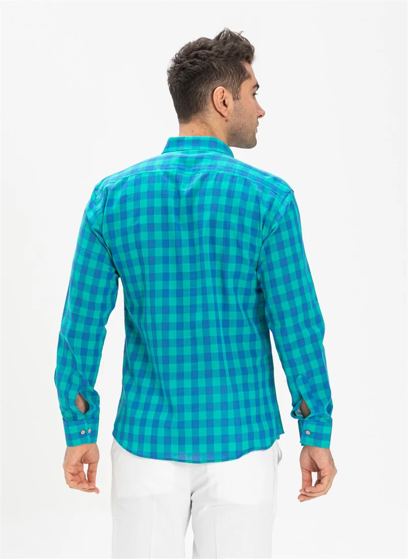 Eliş Şile Bezi Long Sleeve Slim Fit Şile Cloth Single Pocket Men's Shirt Mint Check 3033