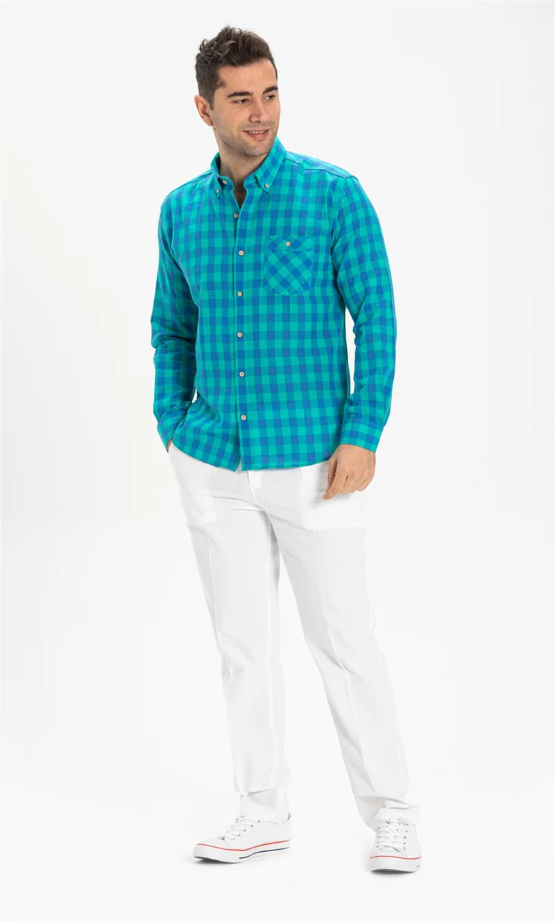 Eliş Şile Bezi Long Sleeve Slim Fit Şile Cloth Single Pocket Men's Shirt Mint Check 3033
