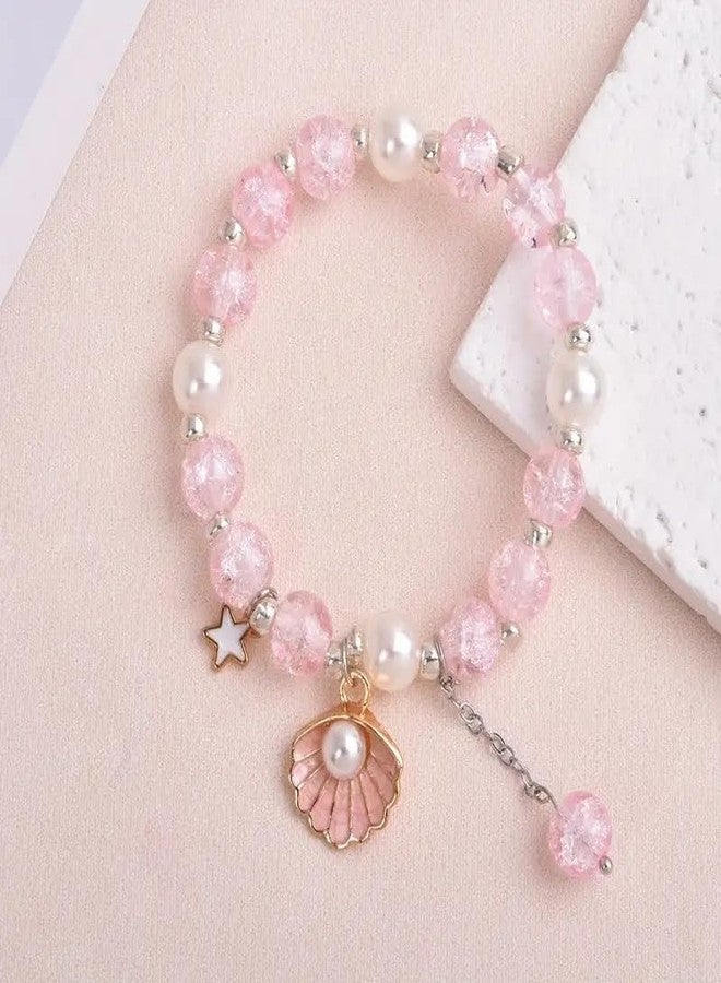 El Regalo Beautiful Shiny Crystals, Shell Pearl, Star Charms Beads Stretch Bracelet for Girls/Kids/Women - Elegant Tassel Bead Bracelet with Pearl Shell & Star Charms - Image 3