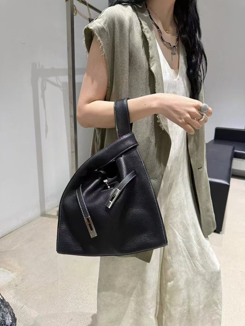Top Layer Cowhide Vegetable Basket Garbage Bag Shoulder Crossbody Bucket Bag Underarm Bag All-Match Commuter Bag For Women - Image 5