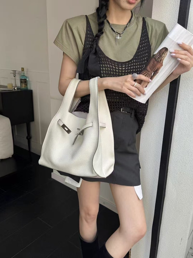 Top Layer Cowhide Vegetable Basket Garbage Bag Shoulder Crossbody Bucket Bag Underarm Bag All-Match Commuter Bag For Women - Image 4