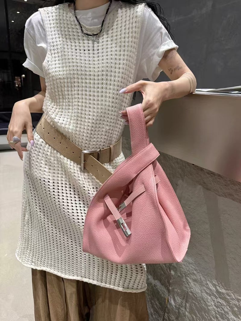 Top Layer Cowhide Vegetable Basket Garbage Bag Shoulder Crossbody Bucket Bag Underarm Bag All-Match Commuter Bag For Women - Image 3