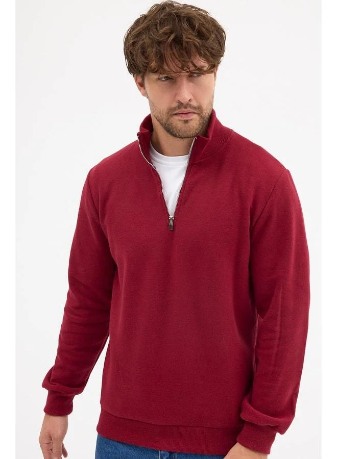Mmetalic  Men's Maroon Standard Fit Regular Cut Cotton Half-Zip Stand Collar Sweatshirt for Men | Best Price UAE